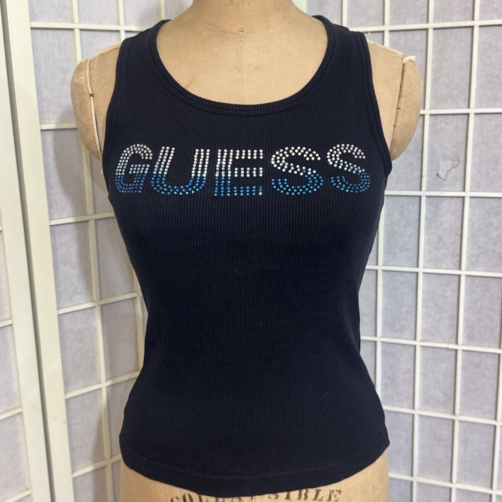 Vintage Y2K Guess Embellished Rhinestone Logo Ribbed Tank Top Pink Size M